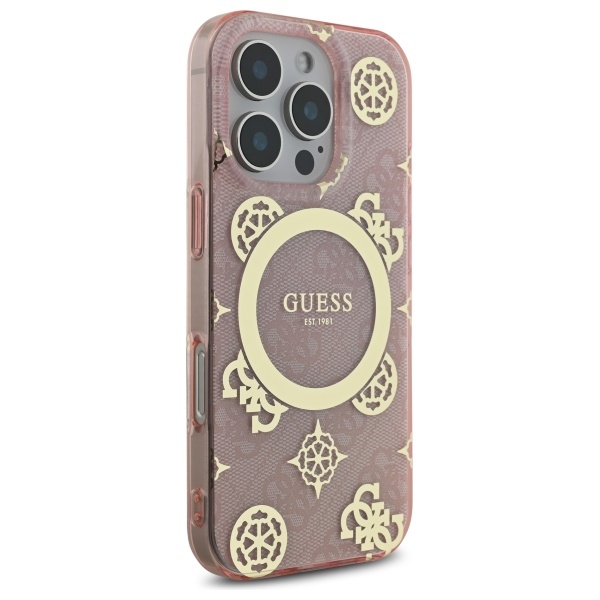Guess dėklas iPhone 16 Pro su MagSafe, IML Peony On 4G Background, rožinis
