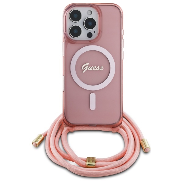 Guess dėklas iPhone 16 Pro Crossbody Cord Script MagSafe, rožinis