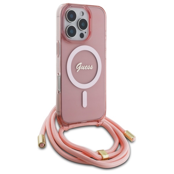 Guess dėklas iPhone 16 Pro Crossbody Cord Script MagSafe, rožinis