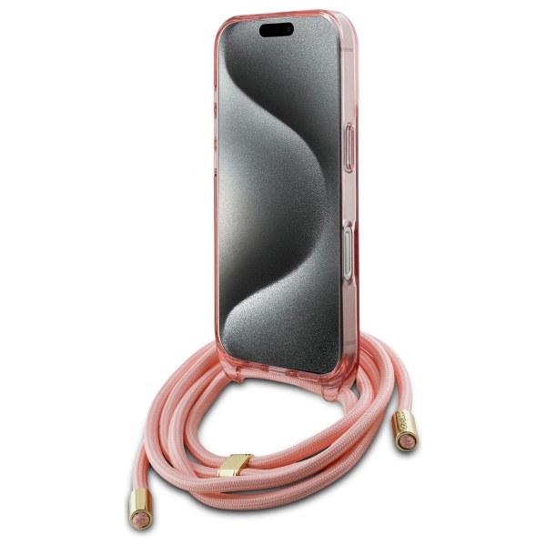 Guess dėklas iPhone 16 Pro Crossbody Cord Script MagSafe, rožinis