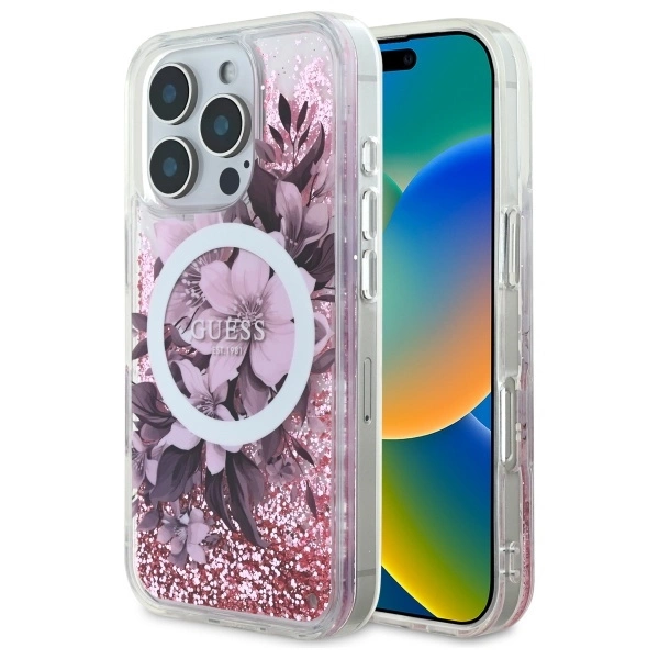 Guess GUHMP16LLFMWTP iPhone 16 Pro dėklas Liquid Glitter Flower MagSafe, rožinis