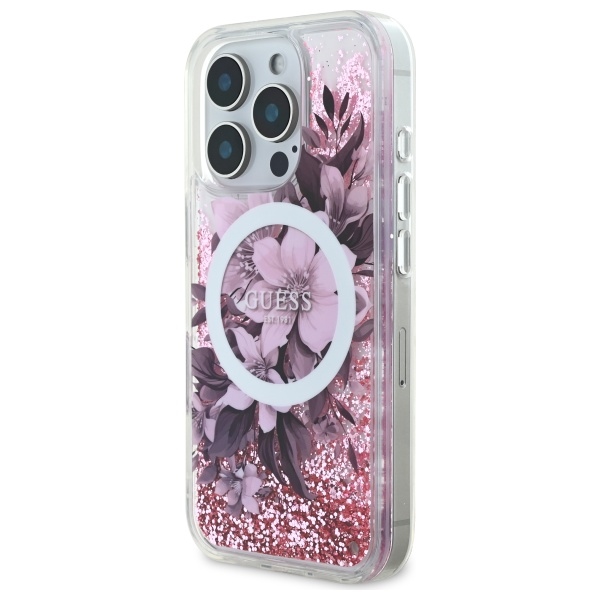 Guess GUHMP16LLFMWTP iPhone 16 Pro dėklas Liquid Glitter Flower MagSafe, rožinis
