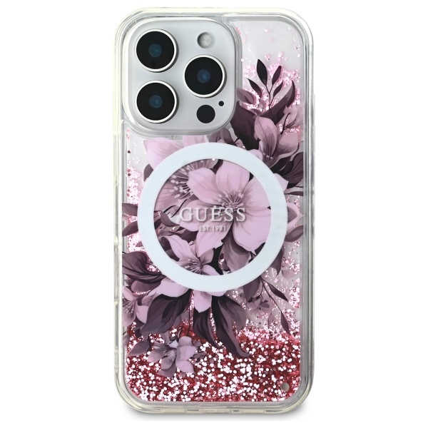Guess GUHMP16LLFMWTP iPhone 16 Pro dėklas Liquid Glitter Flower MagSafe, rožinis