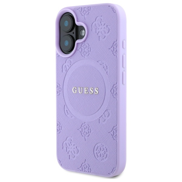 Guess dėklas iPhone 16 Plus telefonui Saffiano Peony Classic Logo MagSafe, violetinis