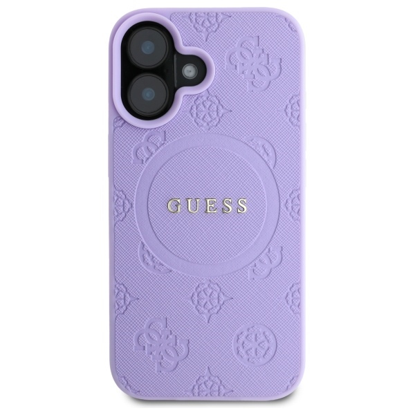 Guess dėklas iPhone 16 Plus telefonui Saffiano Peony Classic Logo MagSafe, violetinis