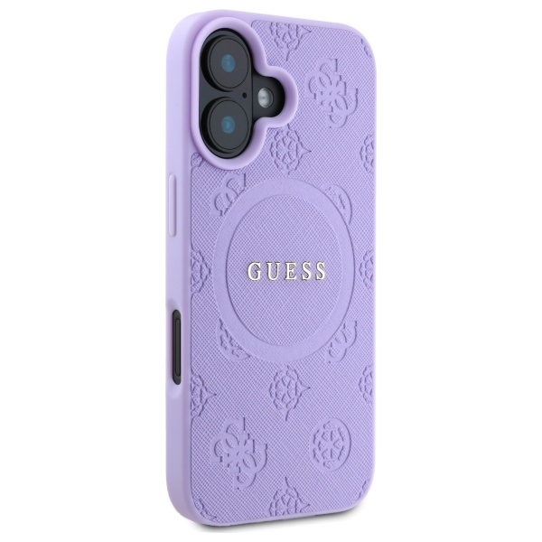 Guess dėklas iPhone 16 Plus telefonui Saffiano Peony Classic Logo MagSafe, violetinis