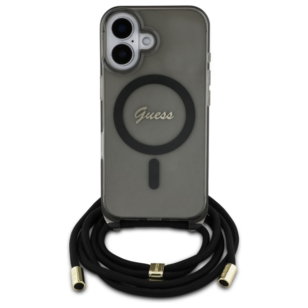 Guess iPhone 16 Case Crossbody Cord Script MagSafe, Black