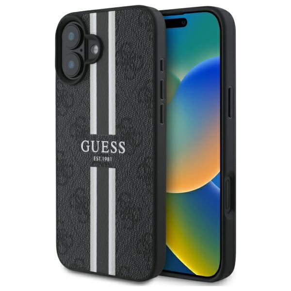 Guess dėklas iPhone 16 telefonui 4G Printed Stripes MagSafe, juodas