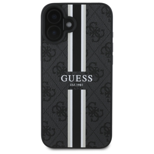 Guess dėklas iPhone 16 telefonui 4G Printed Stripes MagSafe, juodas
