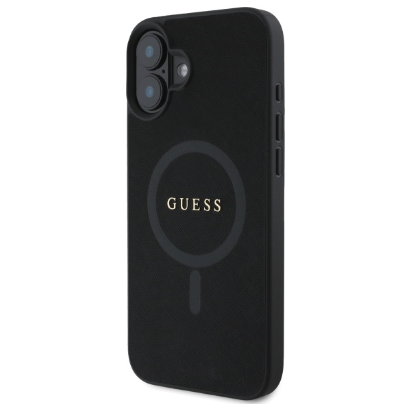 Guess dėklas iPhone 16 telefonui Saffiano Classic Logo MagSafe, juodas