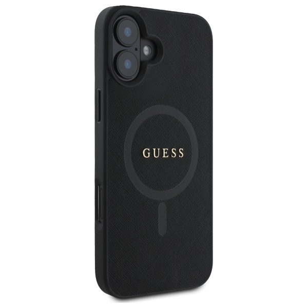 Guess dėklas iPhone 16 telefonui Saffiano Classic Logo MagSafe, juodas