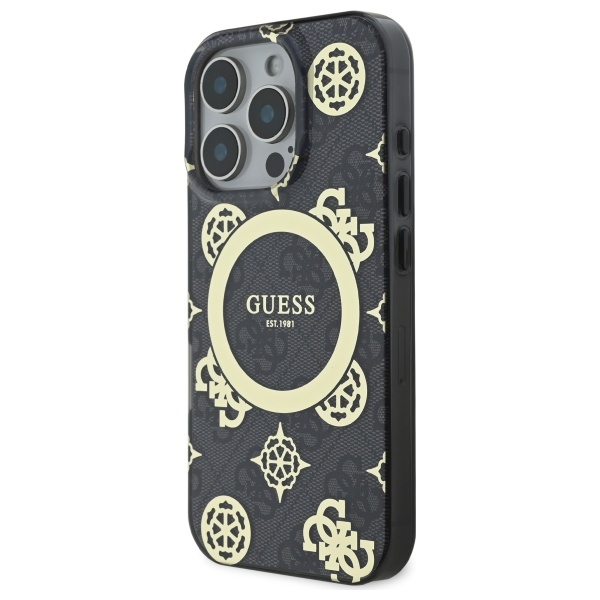 Guess dėklas iPhone 16 Pro Max telefonui IML Peony On 4G MagSafe, juodas