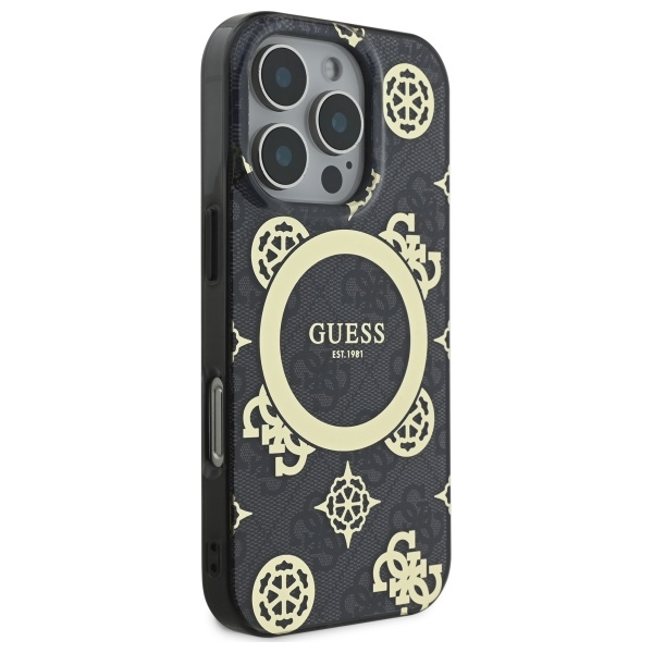 Guess dėklas iPhone 16 Pro Max telefonui IML Peony On 4G MagSafe, juodas