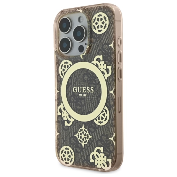 Guess dėklas iPhone 16 Pro Max telefonui IML Peony On 4G Background MagSafe, rudas