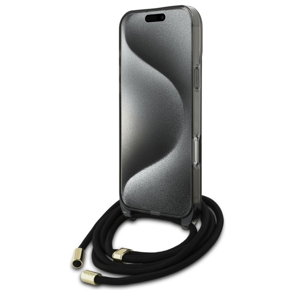 Guess Crossbody Cord Script MagSafe dėklas, skirtas iPhone 16 Pro Max, juodas