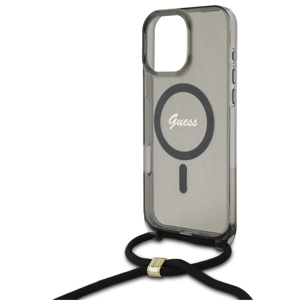 Guess Crossbody Cord Script MagSafe dėklas, skirtas iPhone 16 Pro Max, juodas