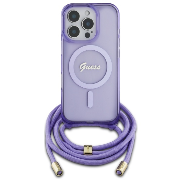 Guess dėklas iPhone 16 Pro Max Crossbody Cord Script MagSafe, violetinis