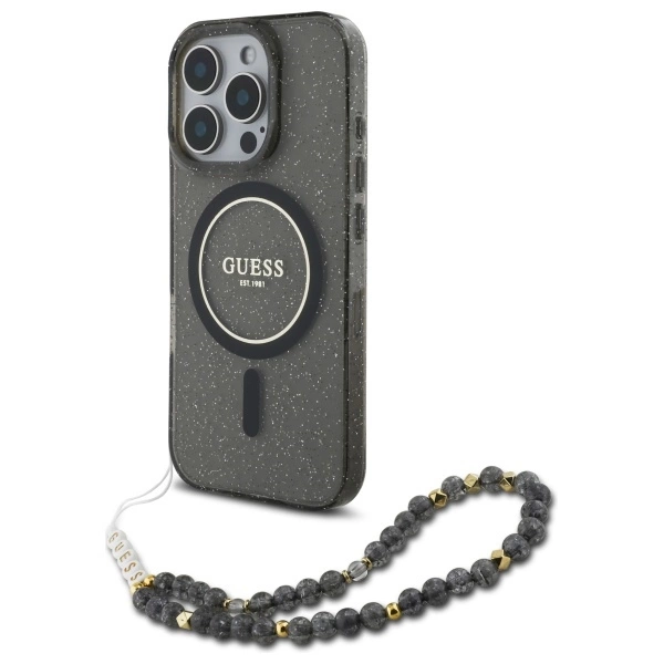Guess GUHMP16XHGCRELSK iPhone 16 Pro Max 6.9" black/black hardcase IML Glitter With Pearl Strap MagSafe