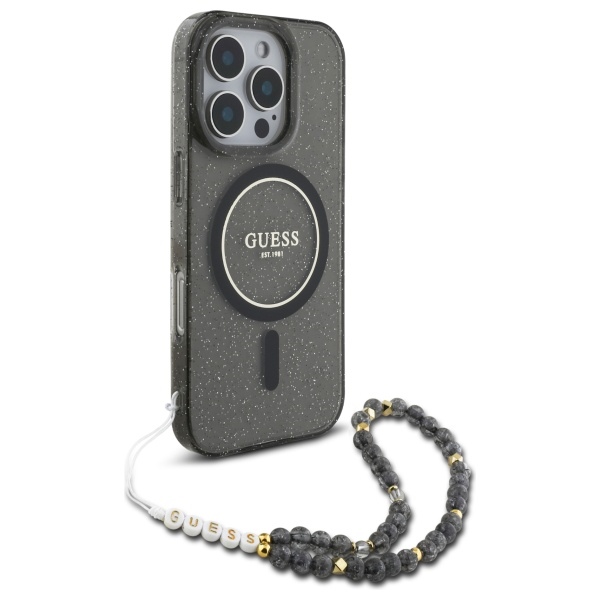 Guess GUHMP16XHGCRELSK iPhone 16 Pro Max 6.9" black/black hardcase IML Glitter With Pearl Strap MagSafe