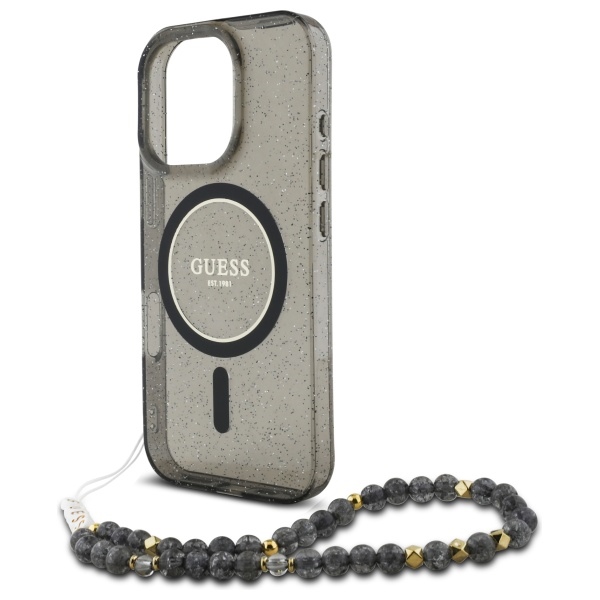 Guess GUHMP16XHGCRELSK iPhone 16 Pro Max 6.9" black/black hardcase IML Glitter With Pearl Strap MagSafe