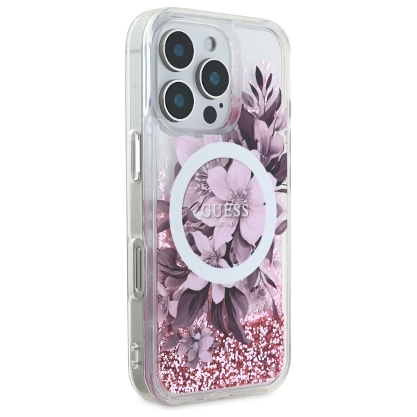 Guess GUHMP16XLFMWTP iPhone 16 Pro Max 6.9" pink/pink hardcase Liquid Glitter Flower MagSafe