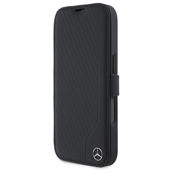 Mercedes dėklas iPhone 16 telefonui, odos ir medžio imitacija, juodas