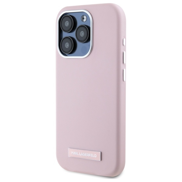 Karl Lagerfeld dėklas iPhone 15 Pro Max telefonui FW Metal Plate MagSafe, rožinis