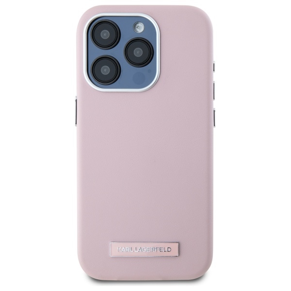 Karl Lagerfeld dėklas iPhone 15 Pro Max telefonui FW Metal Plate MagSafe, rožinis