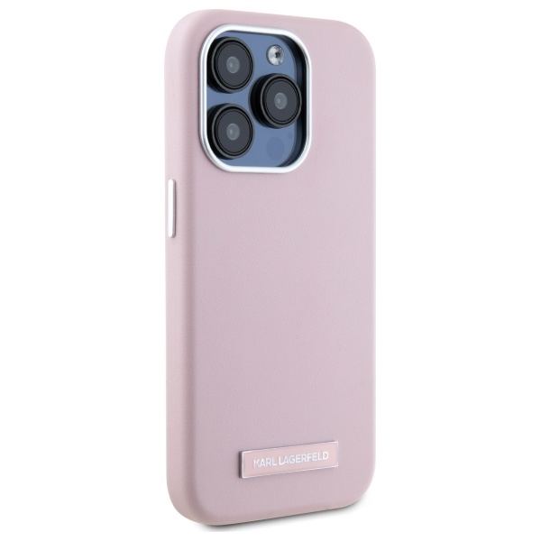 Karl Lagerfeld dėklas iPhone 15 Pro Max telefonui FW Metal Plate MagSafe, rožinis