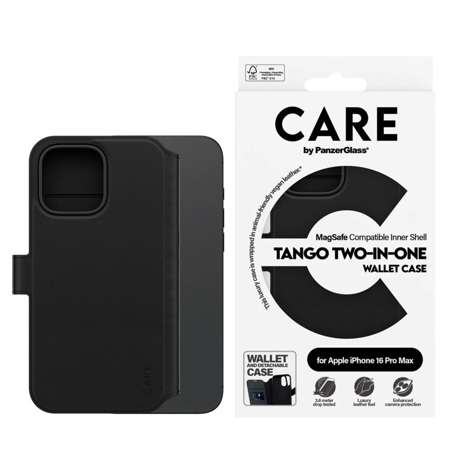 PanzerGlass 1332 CARE Tango 2in1 MagSafe atverčiamasis dėklas iPhone 16 Pro Max, Juodas