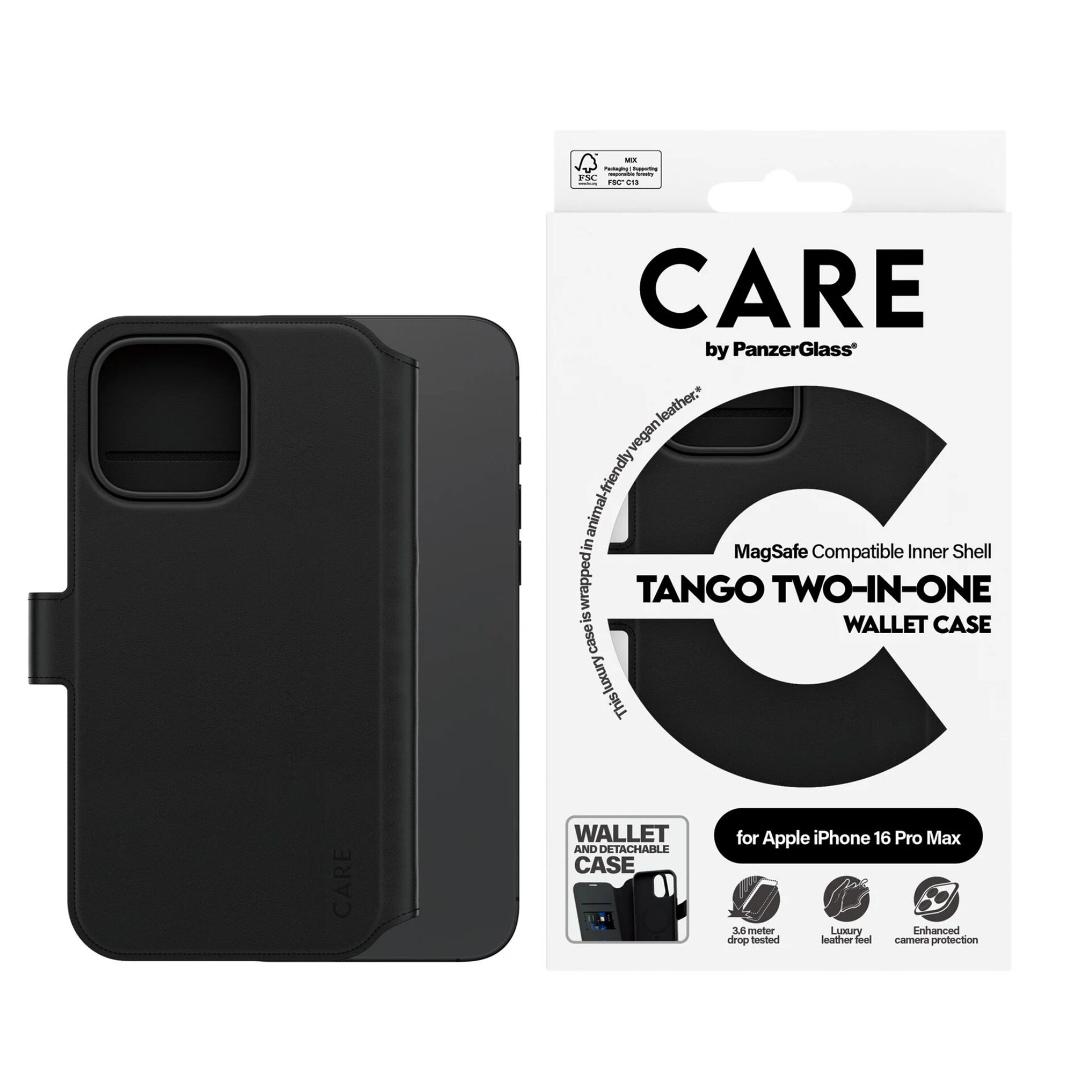 PanzerGlass 1332 CARE Tango 2in1 Wallet MagSafe Case for iPhone 16 Pro Max, Black