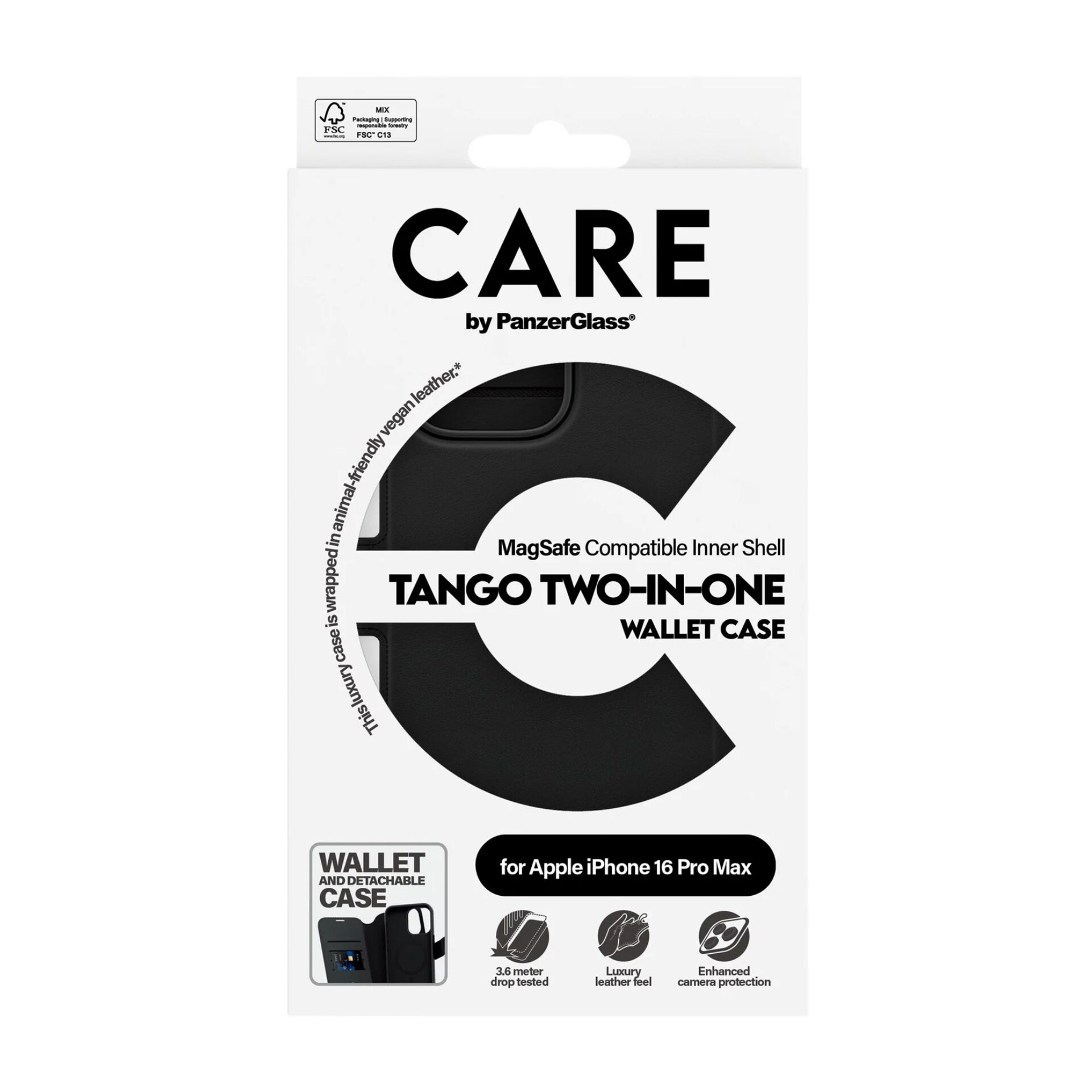 PanzerGlass 1332 CARE Tango 2in1 Wallet MagSafe Case for iPhone 16 Pro Max, Black