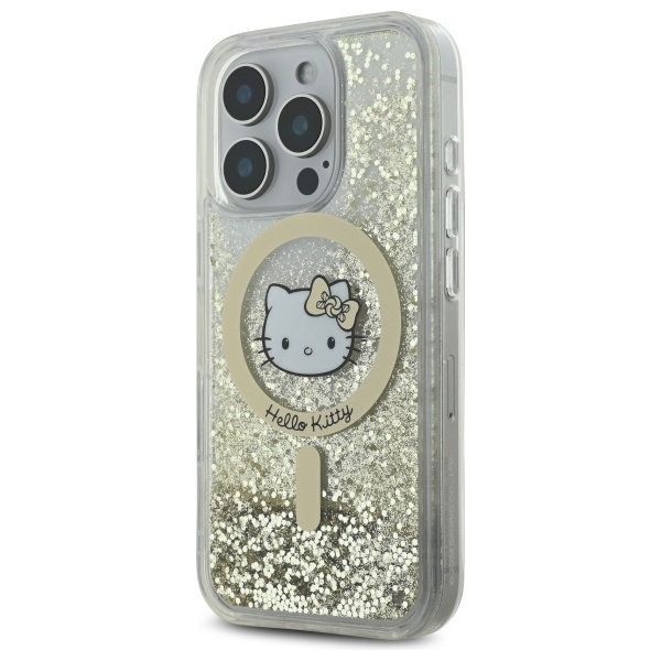 Hello Kitty dėklas iPhone 16 Pro su MagSafe, Liquid Glitter Fever, auksinis