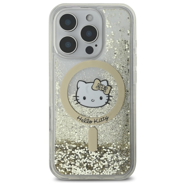Hello Kitty dėklas iPhone 16 Pro su MagSafe, Liquid Glitter Fever, auksinis