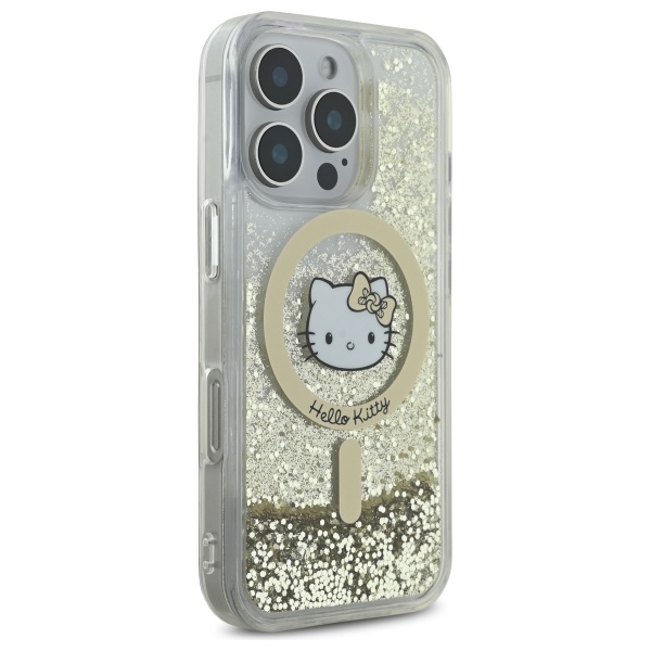 Hello Kitty dėklas iPhone 16 Pro su MagSafe, Liquid Glitter Fever, auksinis
