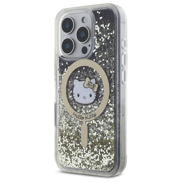 Hello Kitty dėklas iPhone 16 Pro telefonui Liquid Glitter Fever MagSafe, auksinis