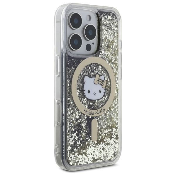 Hello Kitty dėklas iPhone 16 Pro telefonui Liquid Glitter Fever MagSafe, auksinis