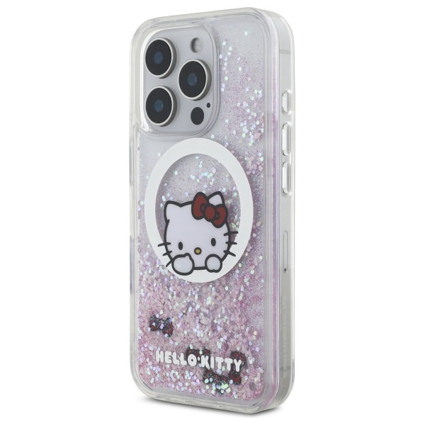 Hello Kitty dėklas iPhone 16 Pro telefonui Liquid Glitter, baltas