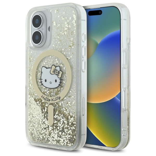 Hello Kitty dėklas iPhone 16 telefonui Liquid Glitter Fever MagSafe, auksinis