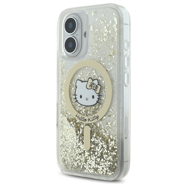 Hello Kitty dėklas iPhone 16 telefonui Liquid Glitter Fever MagSafe, auksinis