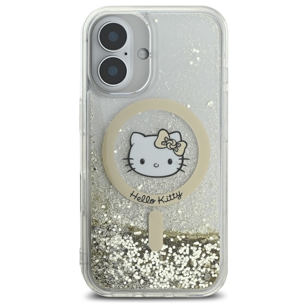 Hello Kitty dėklas iPhone 16 telefonui Liquid Glitter Fever MagSafe, auksinis