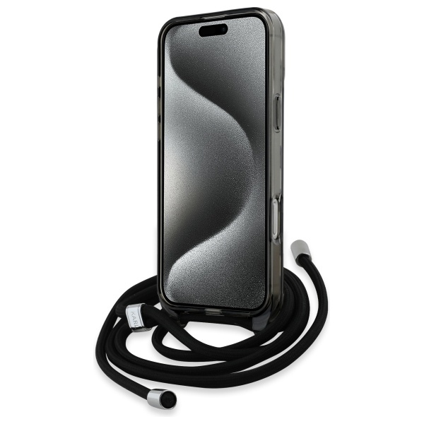 Karl Lagerfeld dėklas iPhone 16 Pro su MagSafe ir dirželiu, juodas