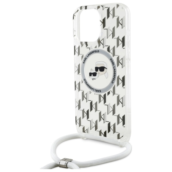 Karl Lagerfeld dėklas iPhone 16 Pro telefonui IML Crossbody Karl & Choupette, skaidrus