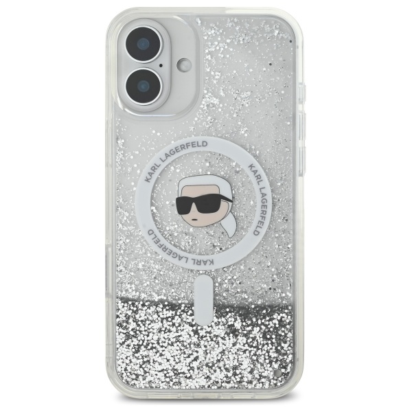 Karl Lagerfeld iPhone 16 Plus dėklas Liquid Glitter Karl Head MagSafe, skaidrus