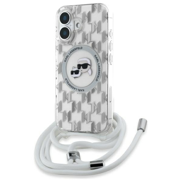 Karl Lagerfeld dėklas iPhone 16 su virvele IML Monogram Karl & Choupette, skaidrus