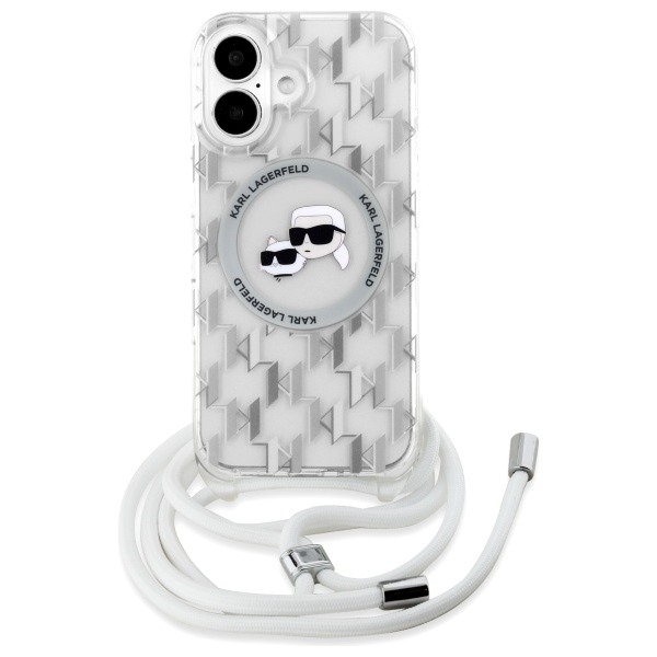 Karl Lagerfeld dėklas iPhone 16 su virvele IML Monogram Karl & Choupette, skaidrus