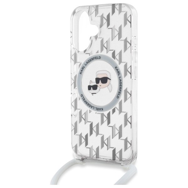 Karl Lagerfeld dėklas iPhone 16 su virvele IML Monogram Karl & Choupette, skaidrus