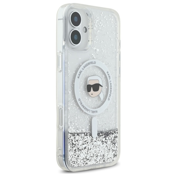 Karl Lagerfeld dėklas iPhone 16 telefonui Liquid Glitter Karl Head MagSafe, skaidrus