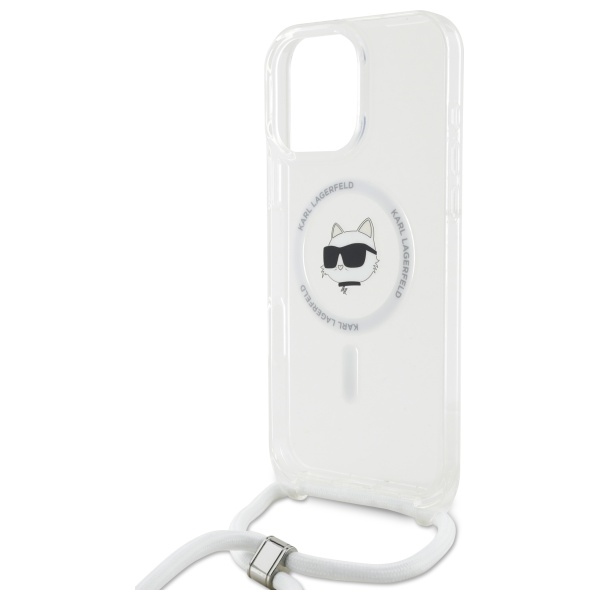 Karl Lagerfeld dėklas iPhone 16 Pro Max su MagSafe, Choupette Head & Cord, skaidrus