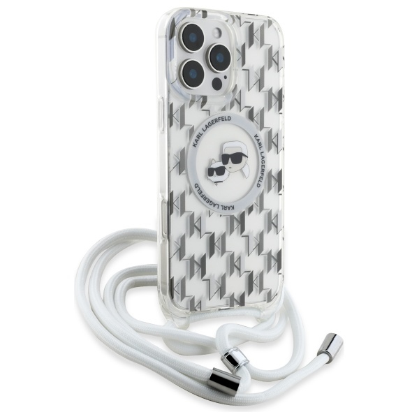 Karl Lagerfeld dėklas iPhone 16 Pro Max telefonui IML Crossbody, skaidrus